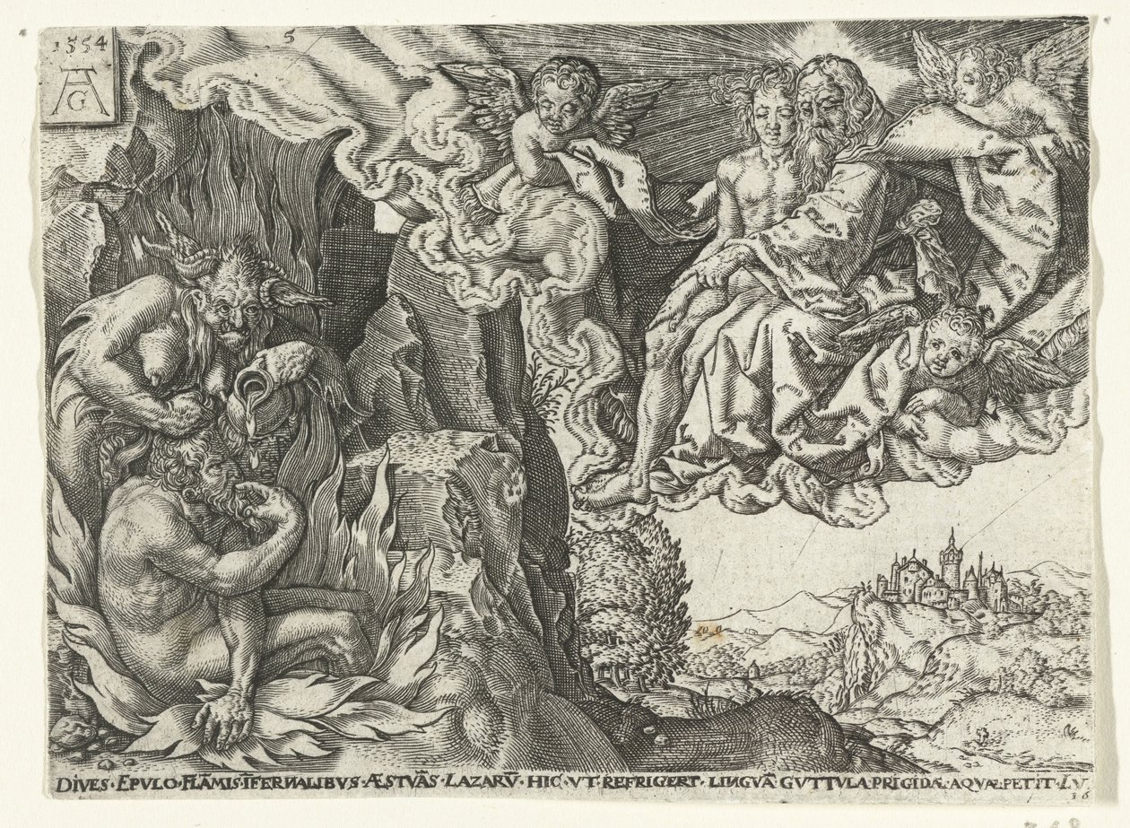 Den rike mannen i helvete ser Abraham med Lasarus Lignelse om Lasarus og den rike mannen (serietittel) av Anonymous
