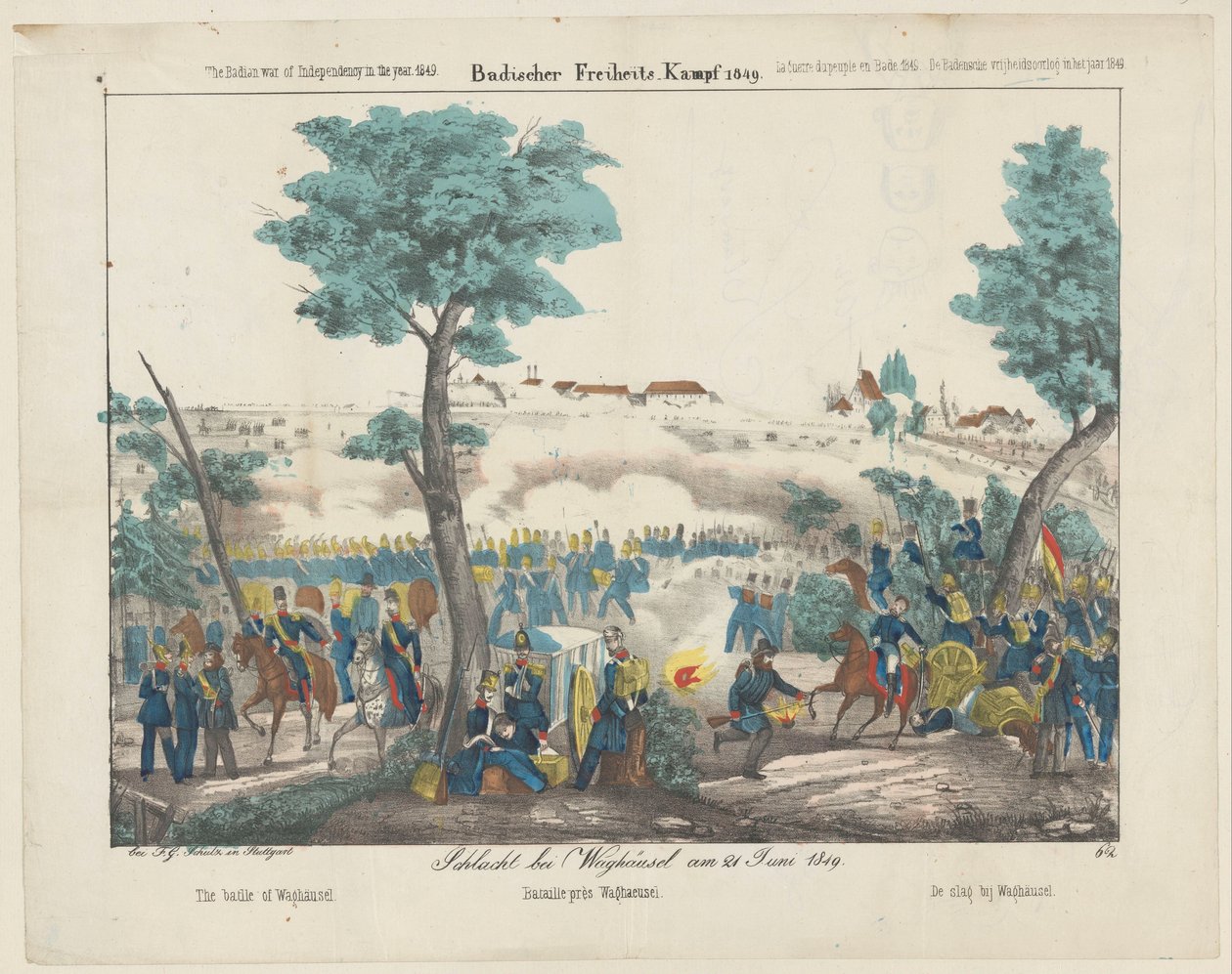 Slaget ved Waghäusel, 1849 Schlacht bei Waghäusel am 21. juni 1849 / Slaget ved Waghäusel / Bataille près Waghäusel / Slaget ved Waghäusel (tittel på objekt) Badischer Freiheits-Kampf 1849 (...) Frihetskrigen i Baden i år 1849 (serie ti av Anonymous