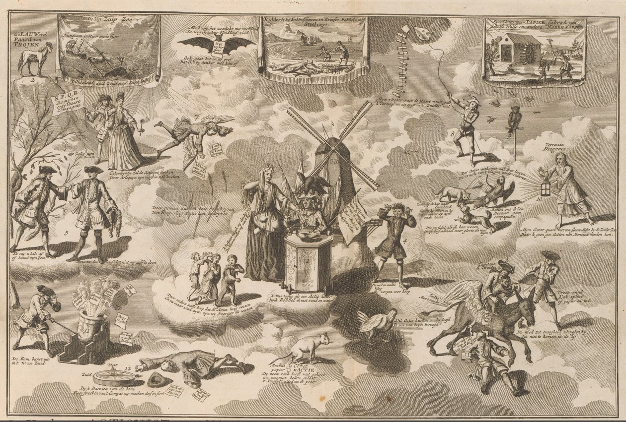 Den beseirede aksjonisten i ringestolen, 1720 Den beseirede aksjonisten i stolen med Rinkels, overtalt av den Lauwerd-trojanske hesten (tittel på objekt) The Great Scene of Folly (serietittel) av Anonymous