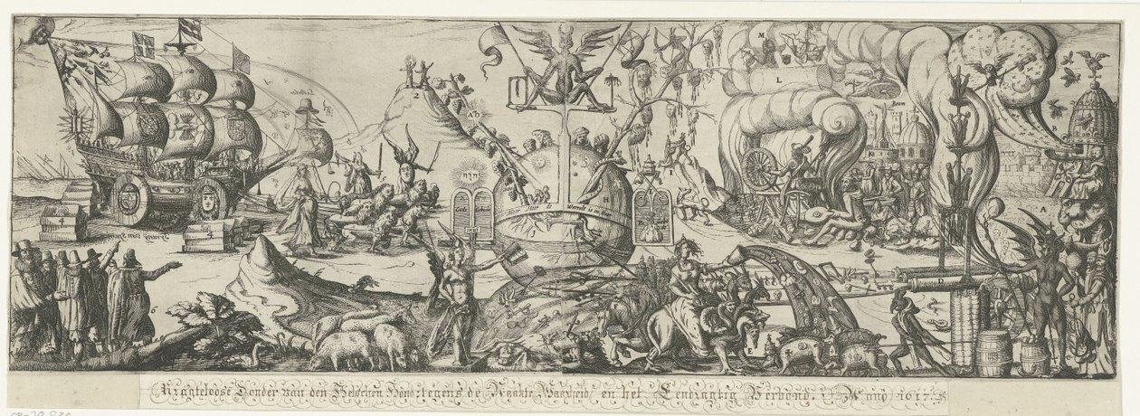 Verden delte seg inn i på den ene siden den fredelige republikken og på den andre siden kaos og vold utført av kirken i Roma Powerless Thunder van den Helschen dog against the Naked Truth and the One-and-done Covenant, 1617 (tittel på objekt) av Anonymous