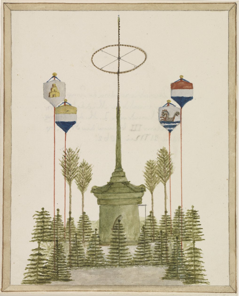 Dekorasjon rundt Pompen på Grote Markt i Middelburg, ved ankomsten av Hans Majestet Kong Willem III til den byen, 21. mai 1862 (tittel på objekt) av Anonymous