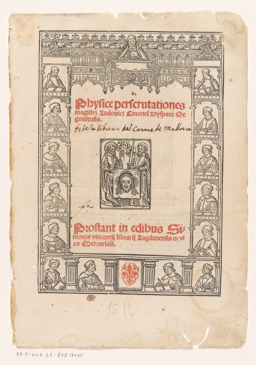 Decoratieve omlijsting met vijftien geleerden Titelpagina voor: Luis Coronel, Physice perscrutationes, 1511   1340870   no       norwegian Successfully Translated  Original: Saint Roche Translat: Saint Roche 1237781 no norwegian Successfully Translated Ori av Anonymous