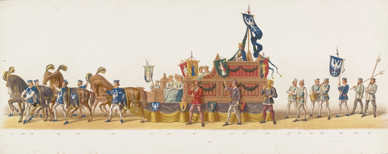 Delft prosesjon fra 1873 (åttende plate) Kostymert prosesjon holdt av medlemmene av Delft Student Corps 8. juli 1873, som viser inntoget av Karel van Egmond, hertugen av Gelre, grev av Zutphen, i Arnhem i 1492 (serie av Anonymous