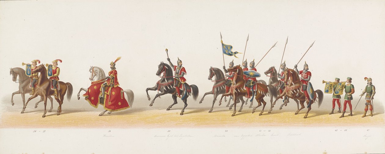 Delft prosesjon fra 1873 (tredje plate) Kostymert prosesjon holdt av medlemmene av Delft Student Corps 8. juli 1873, som viser inntoget av Karel van Egmond, hertugen av Gelre, grev av Zutphen, i Arnhem i 1492 (serie ti av Anonymous