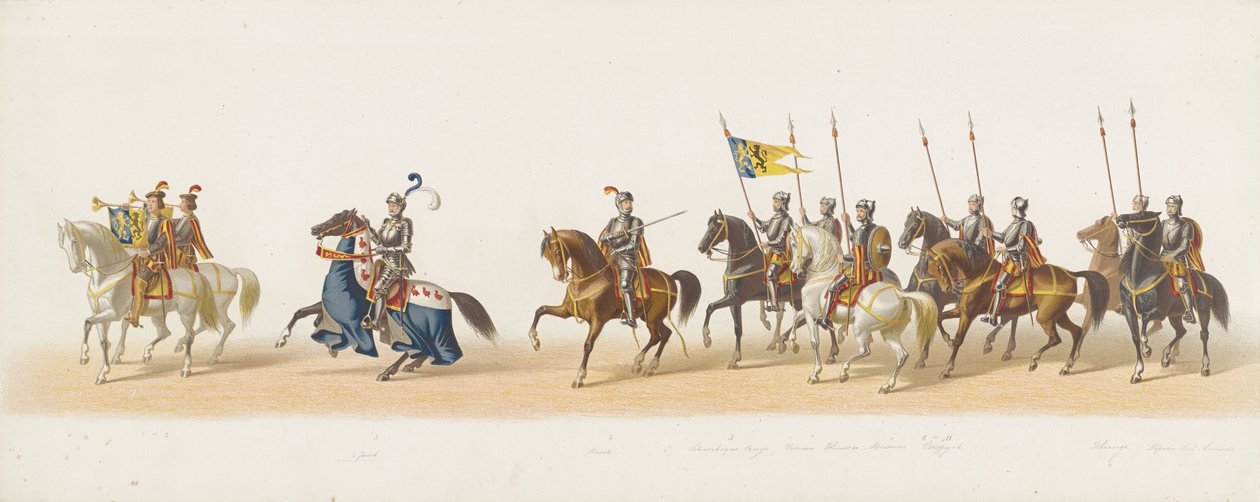 Delft prosesjon fra 1873 (første tallerken) Utkledd prosesjon holdt av medlemmene av Delft Student Corps 8. juli 1873, som viser inntoget av Karel van Egmond, hertugen av Gelre, grev av Zutphen, i Arnhem i 1492 (serie t av Anonymous