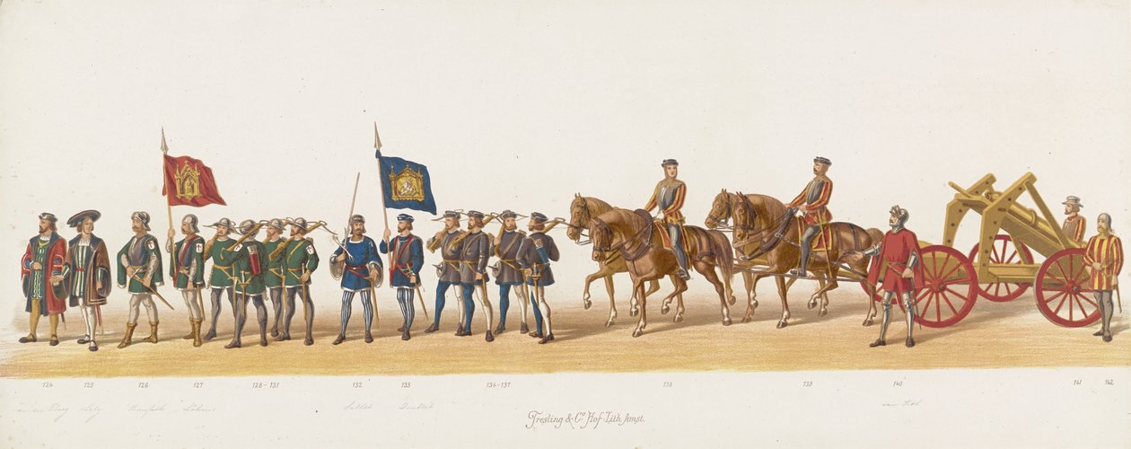 Delft-prosesjon av 1873 (niende plate) Kostymert prosesjon holdt av medlemmene av Delftsche Studentencorps 8. juli 1873, som viser: inntoget av Karel van Egmond, hertugen av Gylden, greve av Zutphen, i Arnhem i 1492 (serie av Anonymous