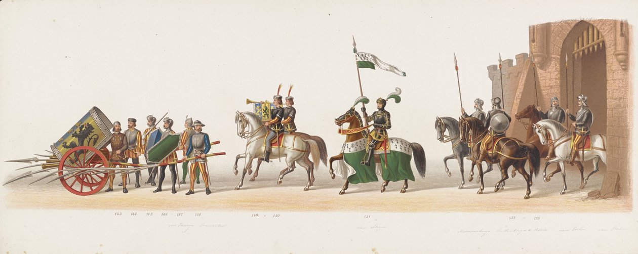 Delft prosesjon fra 1873 (tiende plate) Utkledd prosesjon holdt av medlemmene av Delft Student Corps 8. juli 1873, som viser inntoget av Karel van Egmond, hertugen av Gelre, grev av Zutphen, i Arnhem i 1492 (serie t av Anonymous