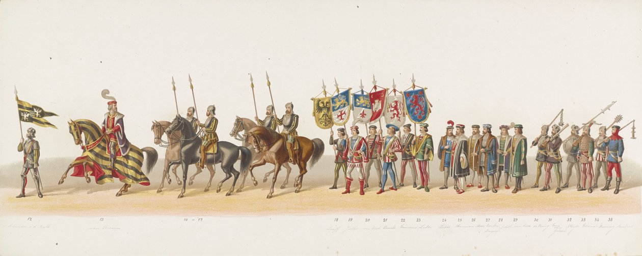 Delft prosesjon fra 1873 (andre plate) Utkledd prosesjon holdt av medlemmene av Delft Student Corps 8. juli 1873, som viser inntoget av Karel van Egmond, hertugen av Gelre, grev av Zutphen, i Arnhem i 1492 (serie t av Anonymous