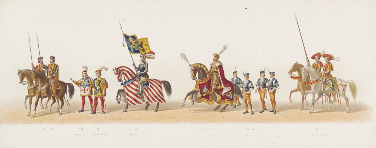 Delft prosesjon fra 1873 (femte plate) Utkledd prosesjon holdt av medlemmene av Delft Student Corps 8. juli 1873, som viser inntoget av Karel van Egmond, hertugen av Gelre, grev av Zutphen, i Arnhem i 1492 (serie t av Anonymous