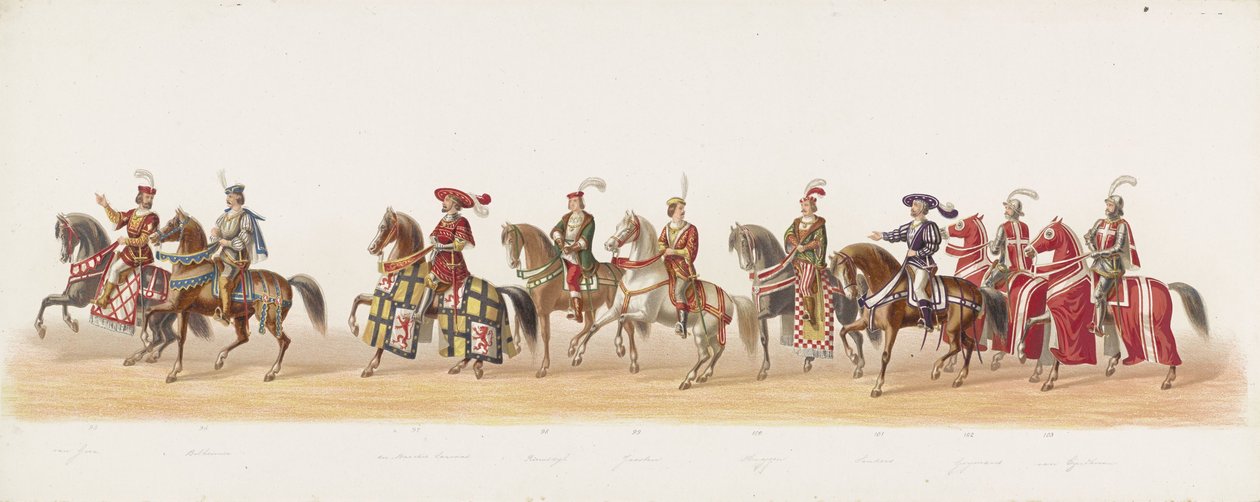 Delft prosesjon fra 1873 (syvende plate) Kostymert prosesjon holdt av medlemmene av Delft Student Corps 8. juli 1873, som viser inntoget av Karel van Egmond, hertugen av Gelre, grev av Zutphen, i Arnhem i 1492 (serie av Anonymous