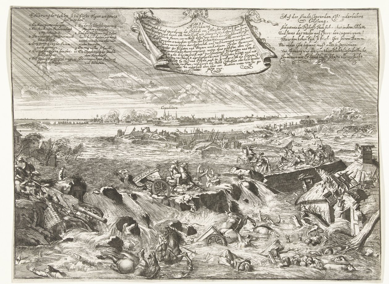 Dijkdoorbraak bij Coevorden, 1673 Illustrasjon hvordan og hvilken form, etter dekret fra biskopen av Munster (...) (tittel på objekt) av Anonymous