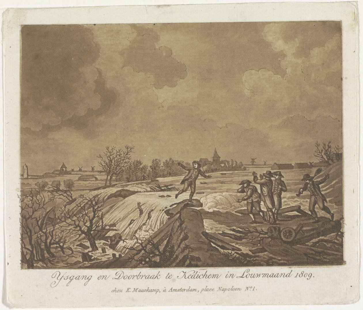 Dikebrudd i Kedichem, 1809 Ysgang og Doorbraak te Kedichem i Louwmaand 1809 (tittel på objekt) av Anonymous