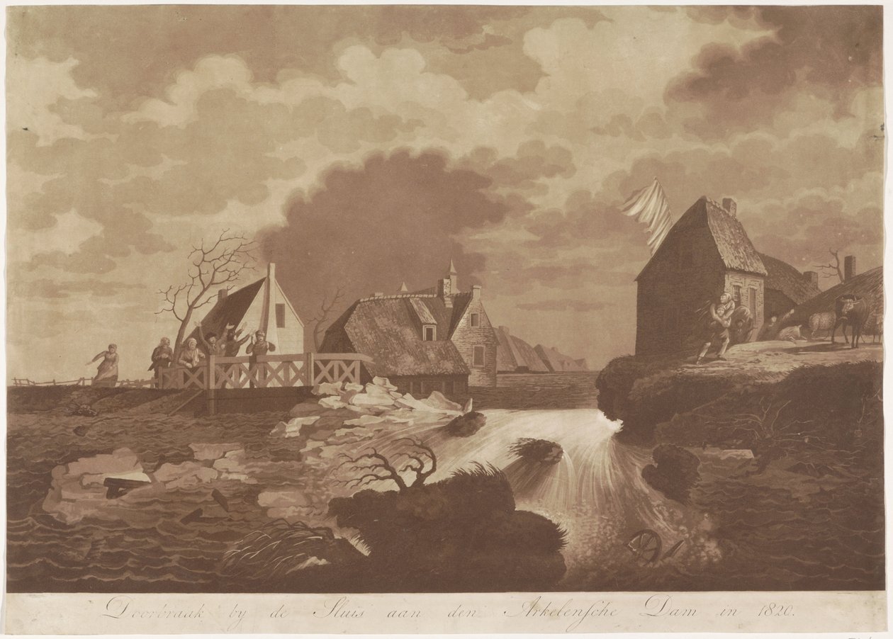 Brudd på Arkelse-demningen nær Gorinchem, 1820 Brudd ved Sluis aan den Arkelsche-demningen i 1820 (tittel på objekt) av Anonymous