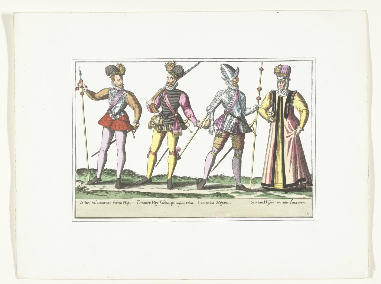 Tre spanske soldater i uniform og en markedsfører, ca. 1580 Kostymer militære Espagnols (tittel på objekt) av Anonymous