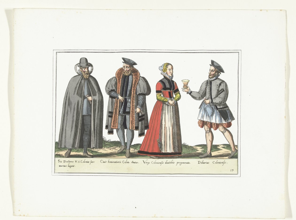 Tre menn og en kvinne kledd i tysk mote, ca. 1580 Kostymer Allemands (tittel på objekt) av Anonymous