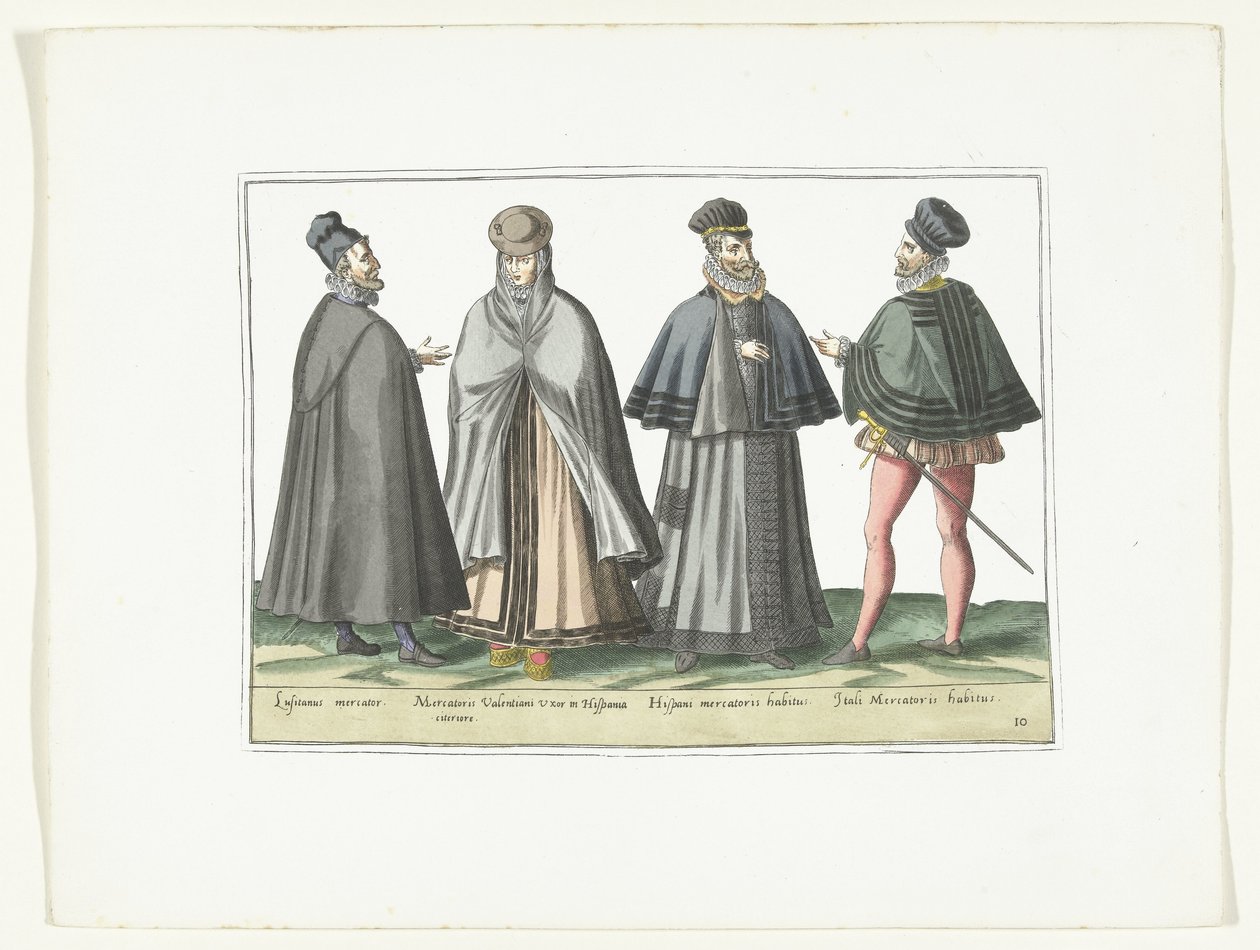 Tre menn og en kvinne kledd i utenlandsk mote, ca. 1580 Modes étrangères (tittel på objekt) av Anonymous