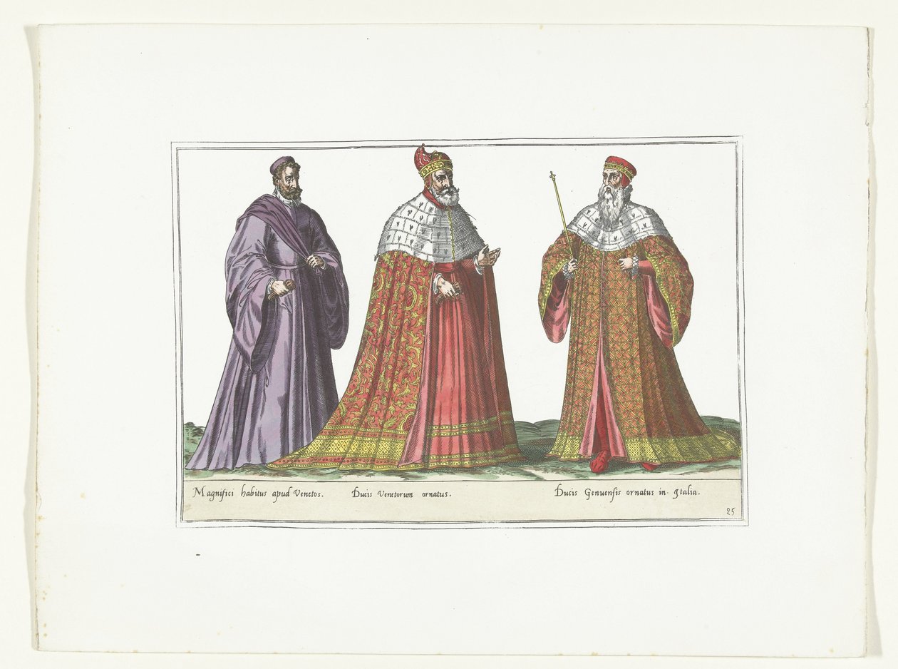 Tre menn kledd i italiensk mote, ca. 1580 Kostymer Italiens (tittel på objekt) av Anonymous