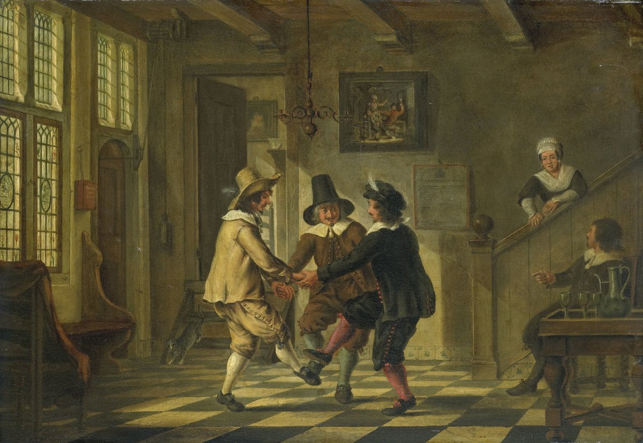 Tre menn i kostyme fra det syttende århundre danser på en veranda av Anonymous