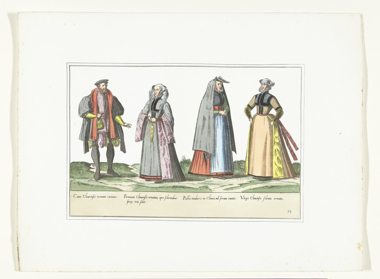 Tre kvinner og en mann kledd i tysk mote, ca. 1580 Kostymer Allemands (tittel på objekt) av Anonymous
