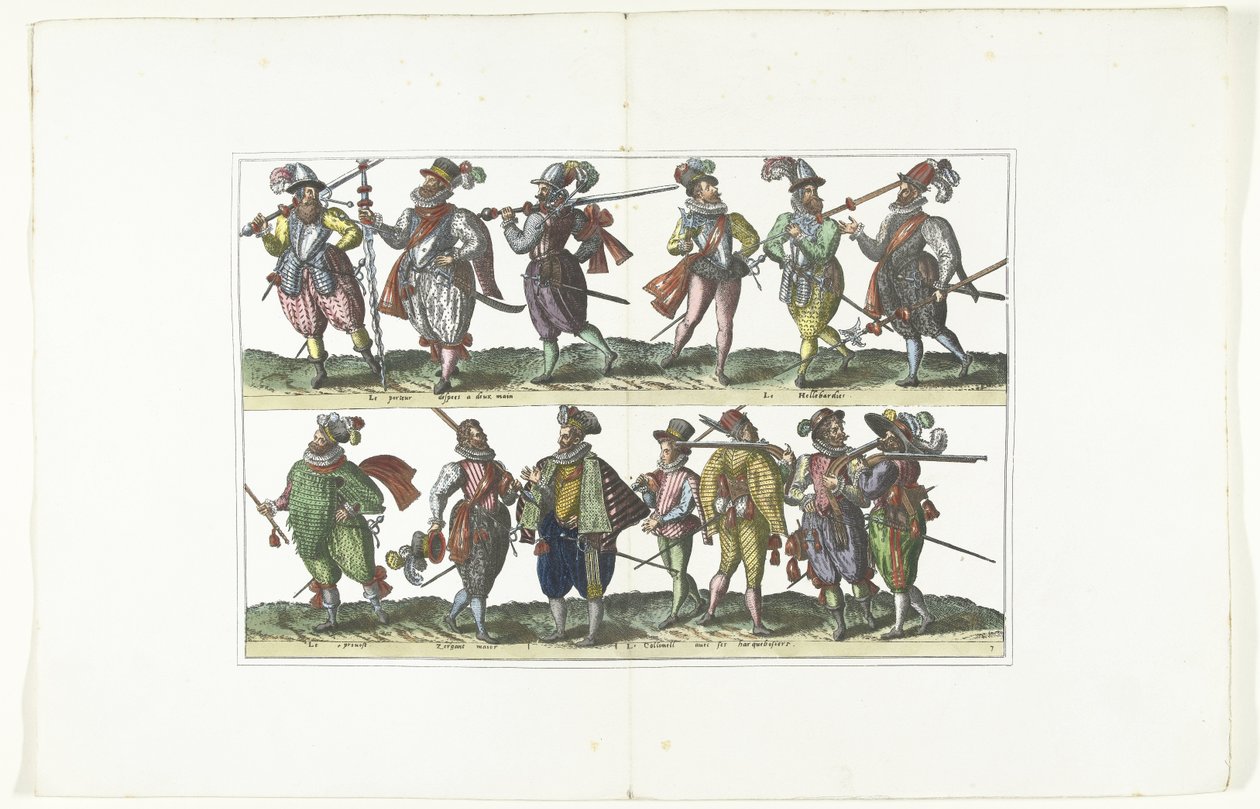 Dobbel plate med tretten væpnede sivile i uniform etter mote i Antwerpen, ca. 1580 Bourgeois d