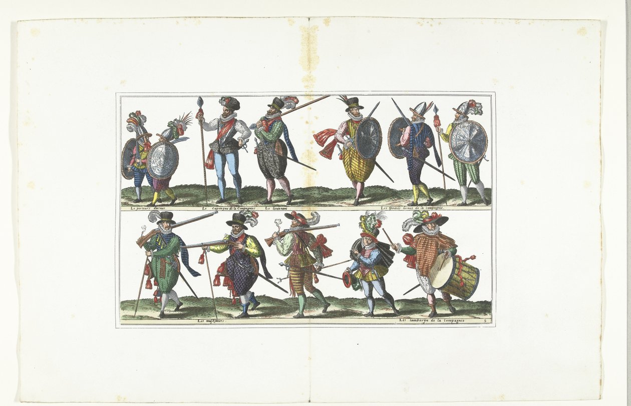 Dobbel plate med tolv væpnede sivile i uniform etter mote i Antwerpen, ca. 1580 Bourgeois d