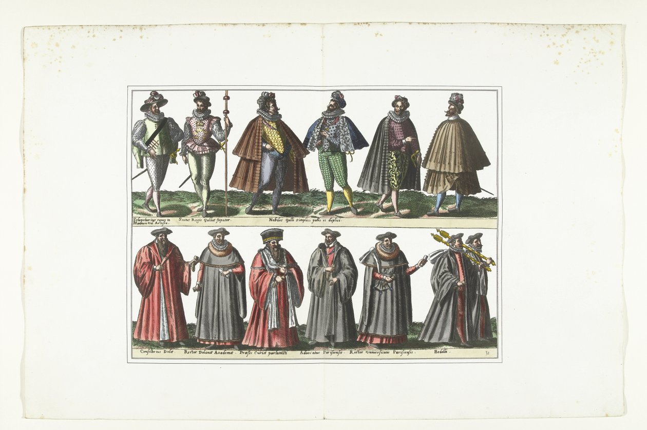 Dobbel tallerken med tolv menn kledd på fransk vis, ca 1580 Kostymer Français (tittel på objekt) av Anonymous