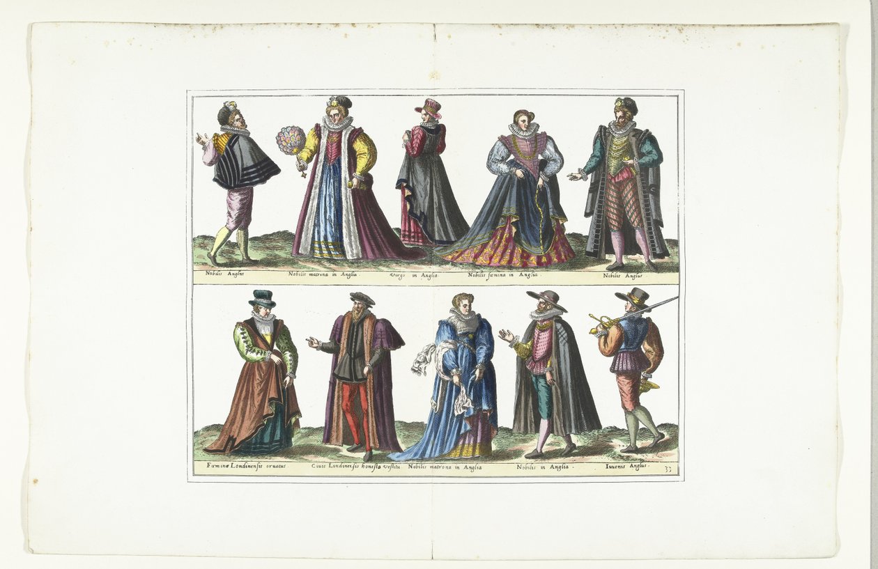 Dobbel tallerken med fem menn og fem kvinner kledd på engelsk vis, ca 1580 Anglais kostymer (tittel på objekt) av Anonymous