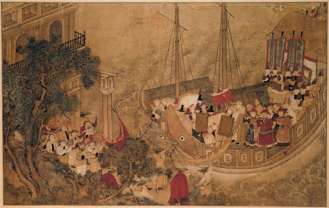 Et kinesisk skip legger til kai ved en europeisk bygning The Wonders of Mazu (serietittel) av Anonymous