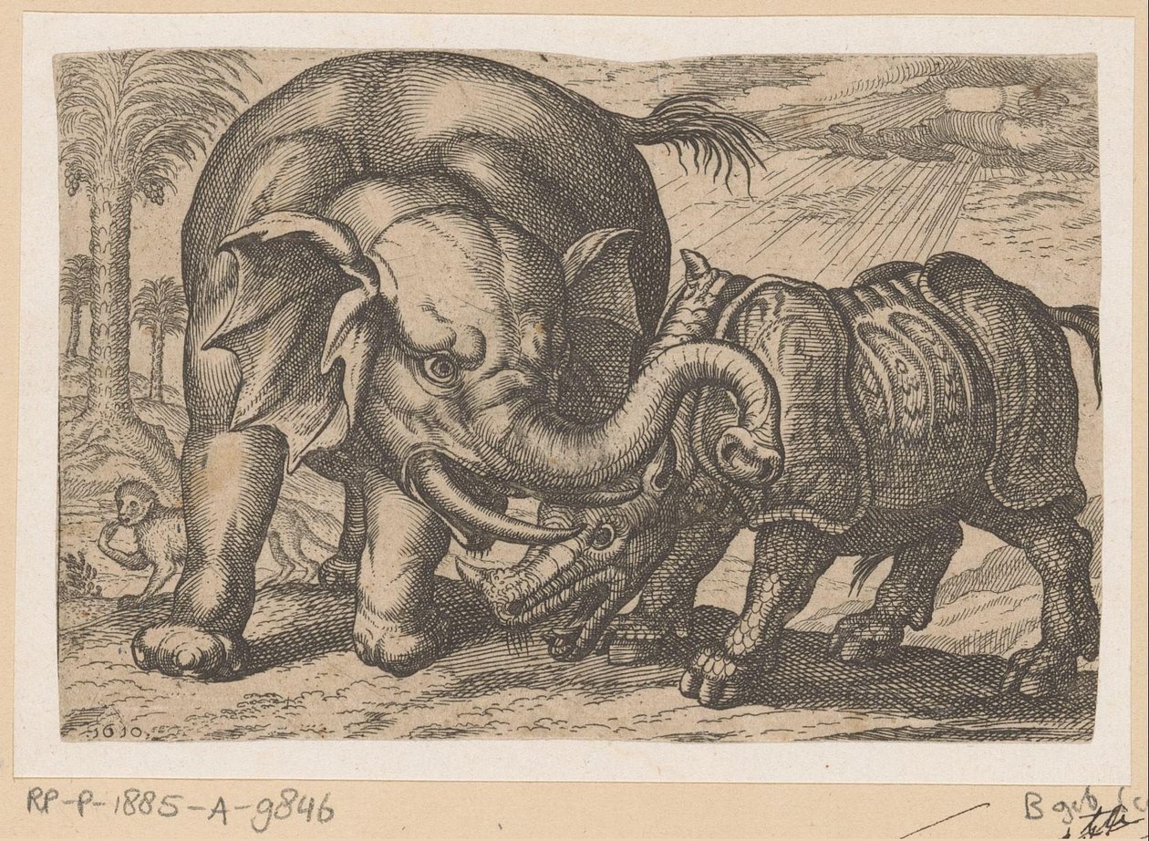 Et neshorn kjemper mot en elefant Fighting Animals (kopier) (serietittel) av Anonymous