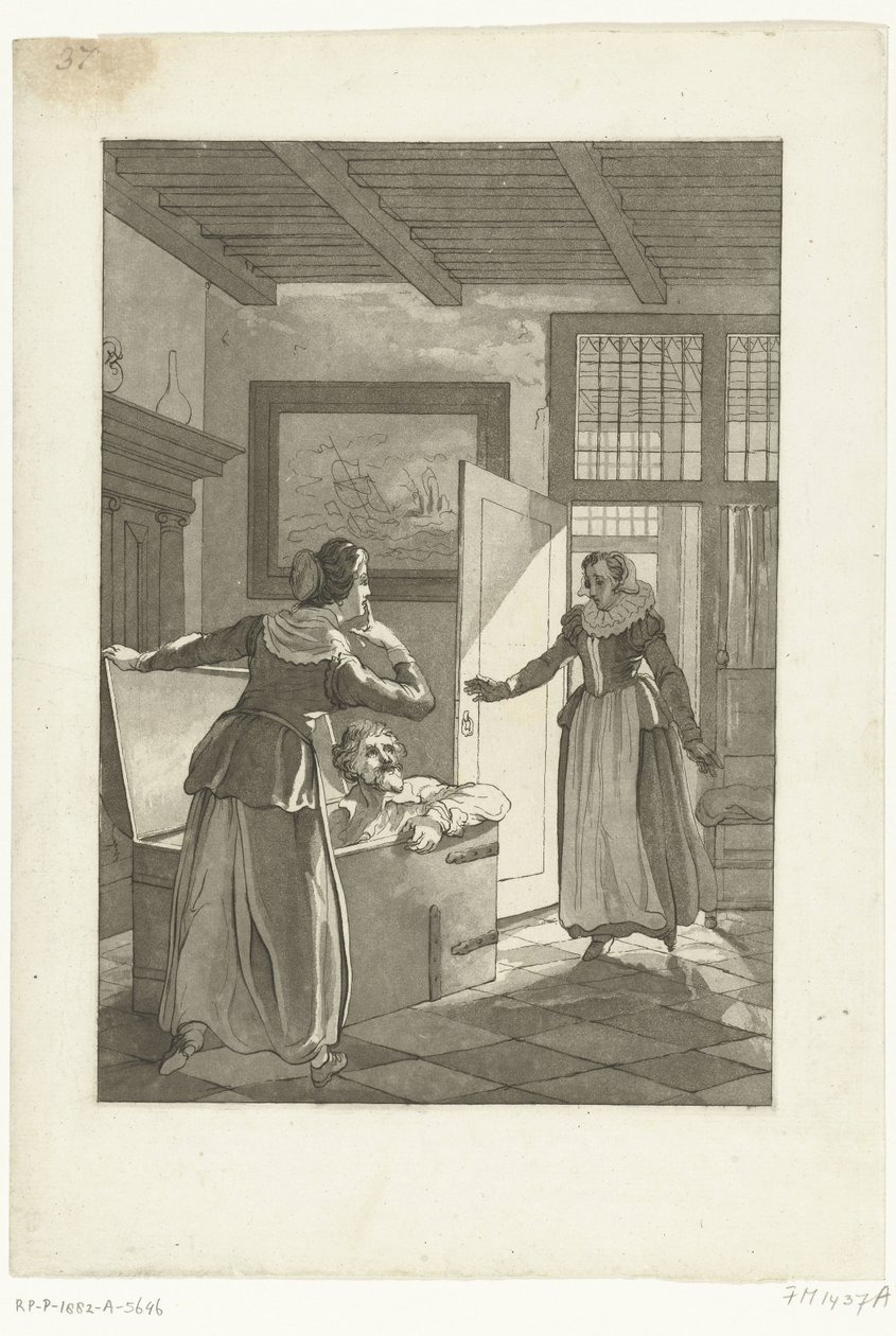 Elsje van Houweningen fanger Hugo de Groot i bokhyllen, 1621 av Anonymous