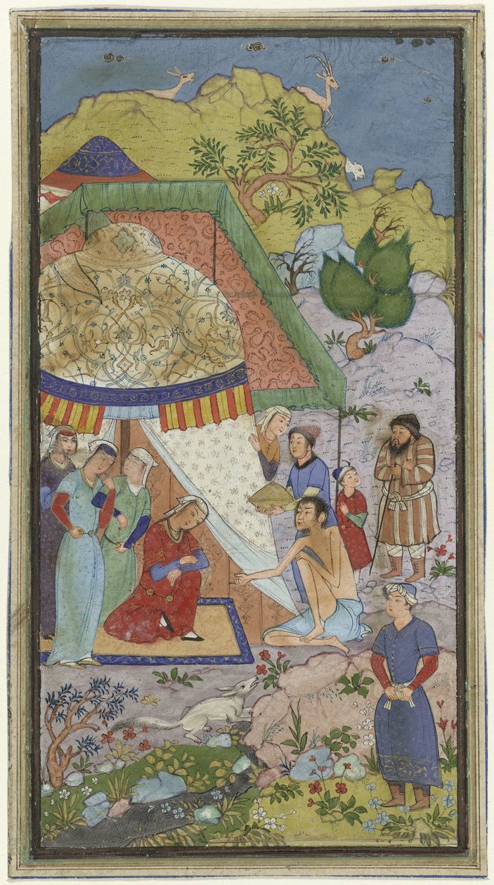 Episode fra kjærlighetshistorien til Laila og Majnun, Majnun snakker med Laila foran et telt av Anonymous