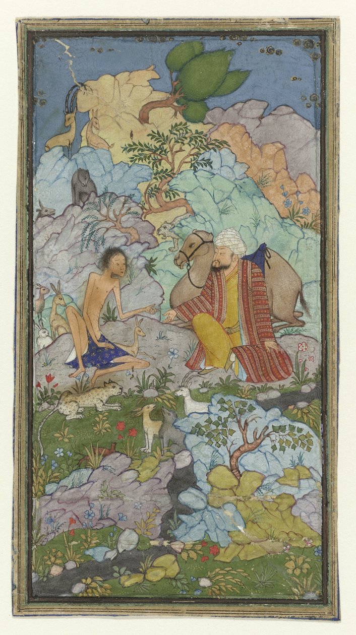Episode fra kjærlighetshistorien til Laila og Majnun, den utmagrede Majnun sitter i et landskap med en mann og hans kamel av Anonymous