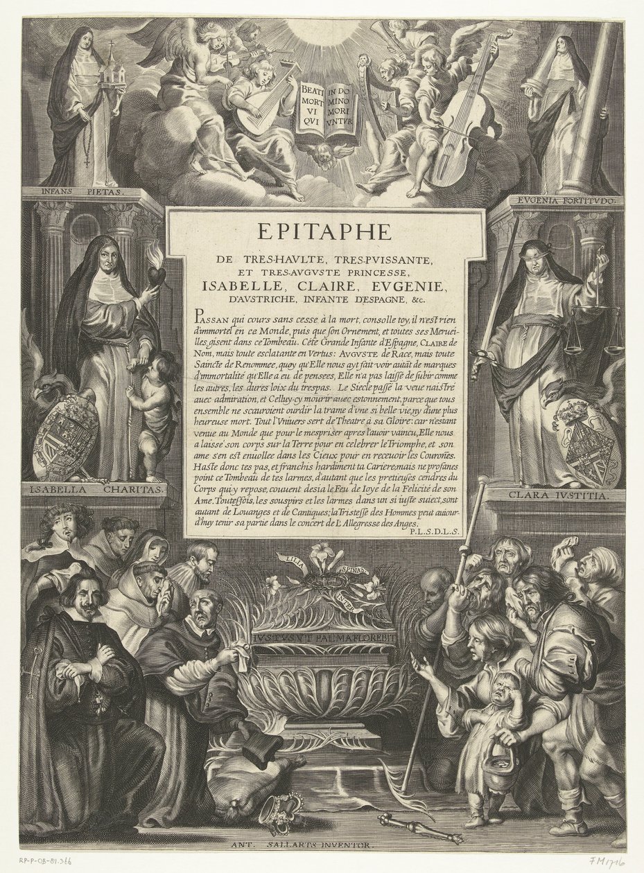 Epitaaf for Isabella Clara Eugenia, 1633 Epitafium av den høyeste, mektigste og mest augustprinsesse, Isabella, Claire, Eugenie, av Østerrike, Infanta av Spania, etc. (tittel på objekt) av Anonymous