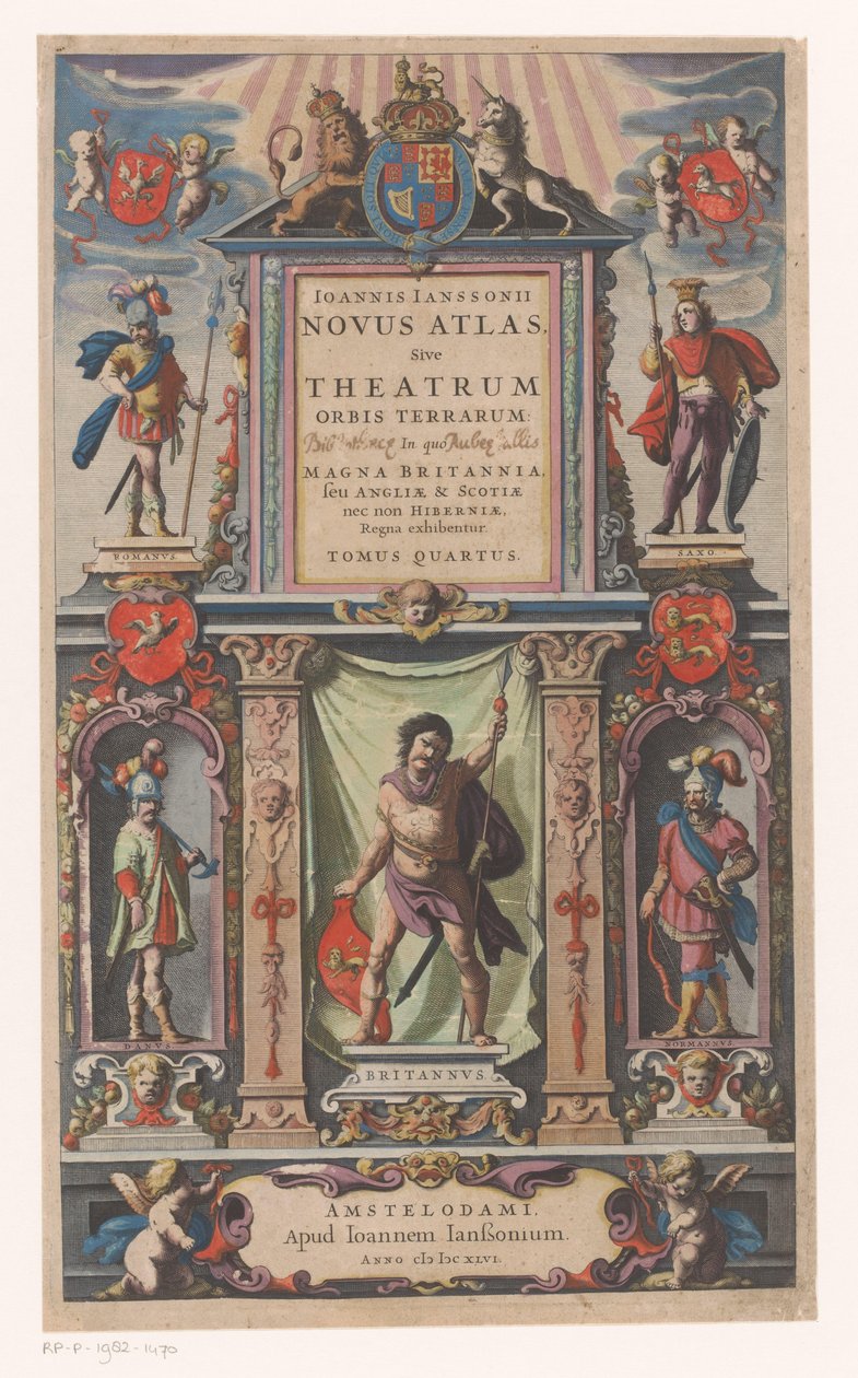 Fasade med personifiseringer av fem befolkningsgrupper Tittelside for: Johannes Janssonius, Novus atlas, Sive theatrum (...) Tomus quartus, 1646 av Anonymous