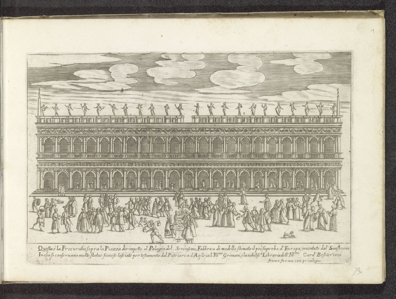Fasade van de Biblioteca Marciana te Venetië Scènes uit het Venetiaanse leven (serietittel) Habiti d'Huomeni og venetianske kvinner med prosesjonen til Ser.ma Signoria og andre detaljer, f.eks. triumfer, fester og offentlige seremonier i den mest edle  av Anonymous