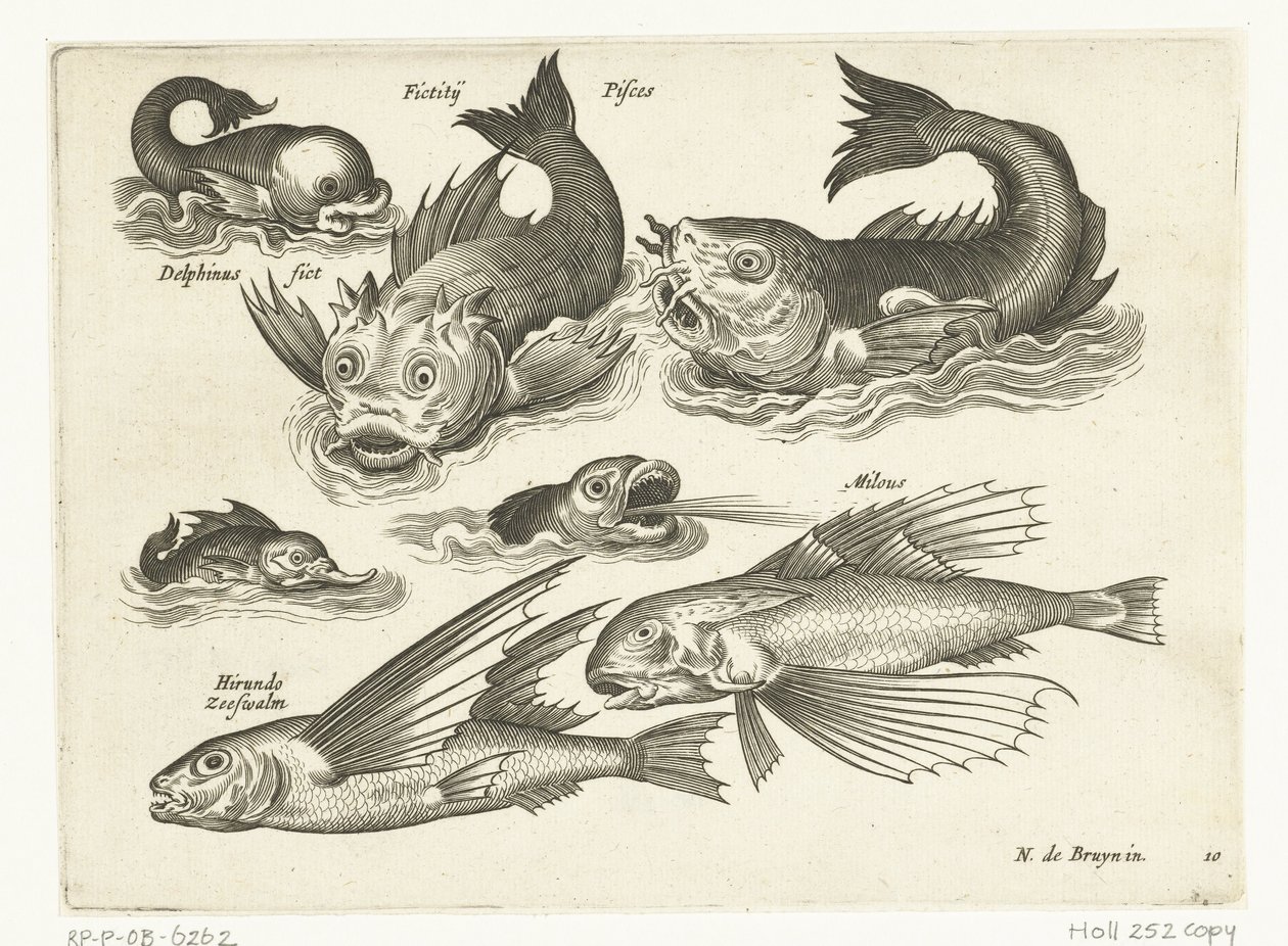 Fantastiske vannlevende dyr, inkludert delfiner og spermhval Libelivs diverse Genera piscium complectens (serietittel) Ferskvannsfisk, marin fisk, frosker, krepsdyr og sjødyr (serietittel) av Anonymous