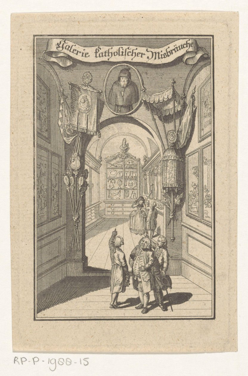 Figurer i galleri møtte portrett i liturgiske gjenstander Galleri for katolske overgrep (tittel på objekt) Forside for: Joseph Richter, Picture Gallery of Catholic Abuses, 1784 av Anonymous