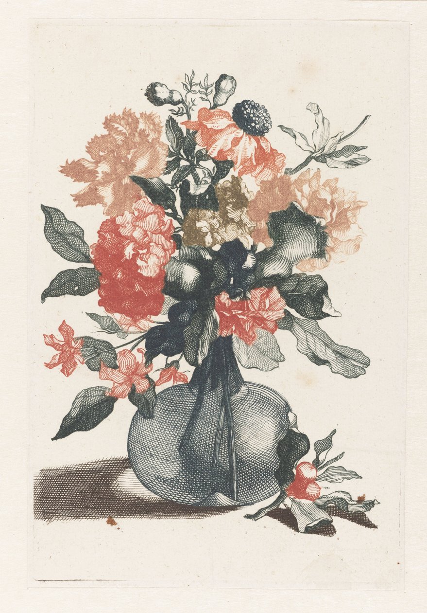 Fem trykk av blomster i glassvaser Glassvase med blomster og en gren med blomst foran vasen av Anonymous