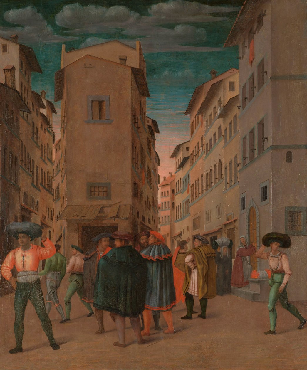 Florentinsk gatescene med tolv figurer (Sheltering the Traveler, et av de syv barmhjertighetsverkene) av Anonymous