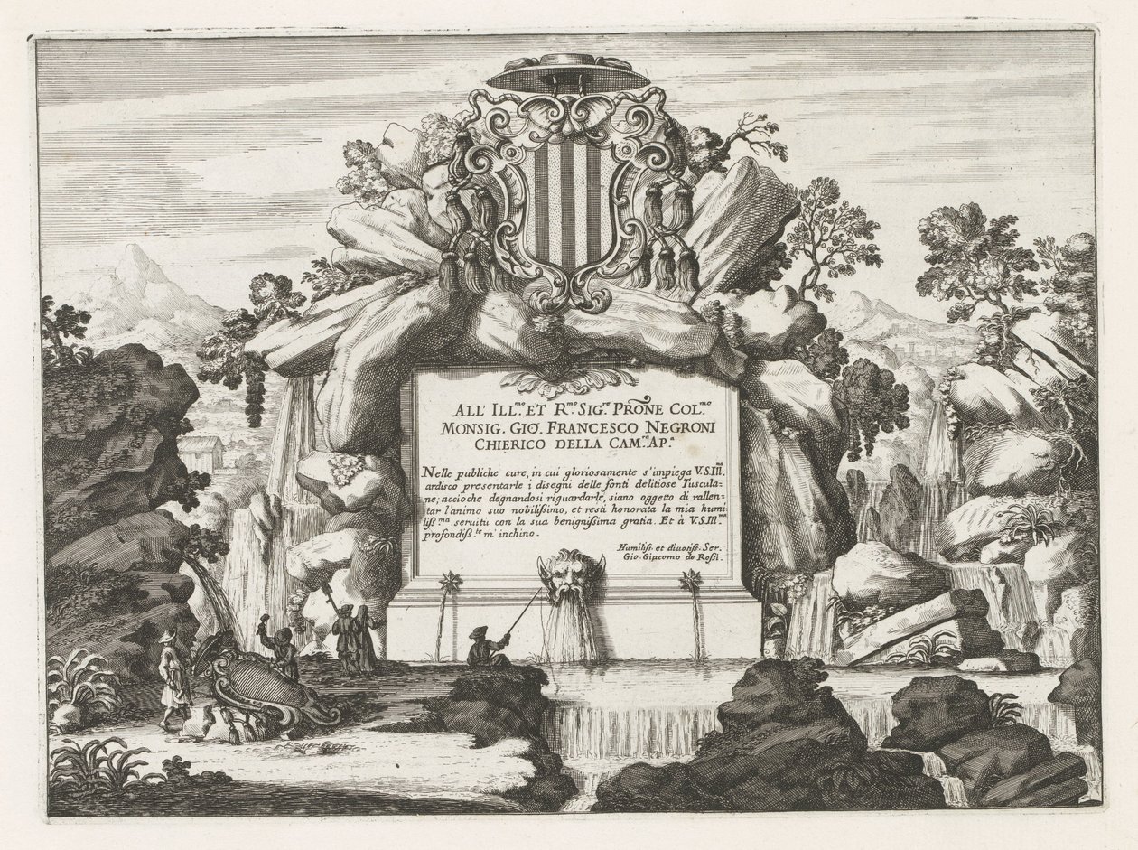 Fontene med dedikasjon til og våpenskjold av Giovanni Francesco Negroni Fontane delle ville di Frascati (serietittel) Fountains of Frascati (serietittel) av Anonymous