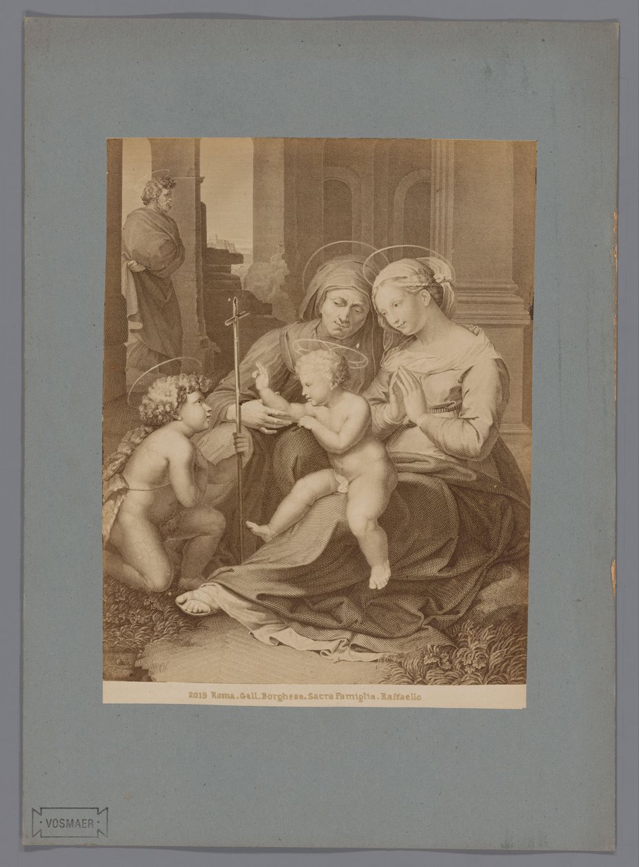 Fotoreproduksjon av en gravering etter maleriet Holy Family av Raphael Roma. Gall. Borghese. Sacra Familia. Raffaello (tittel på objekt) av Anonymous