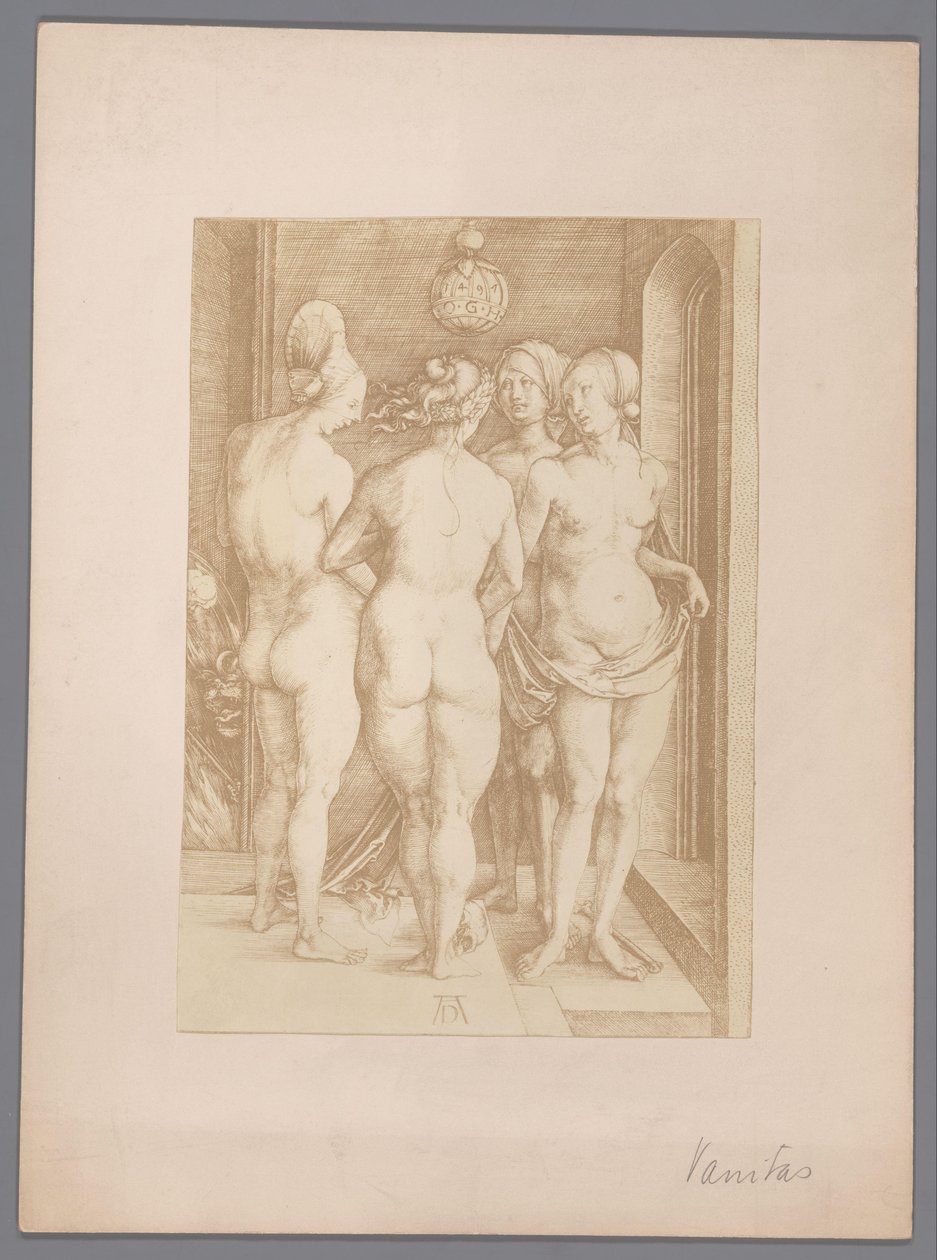 Fotoreproduksjon av en gravering av fire nakne kvinner av Albrecht Dürer av Anonymous