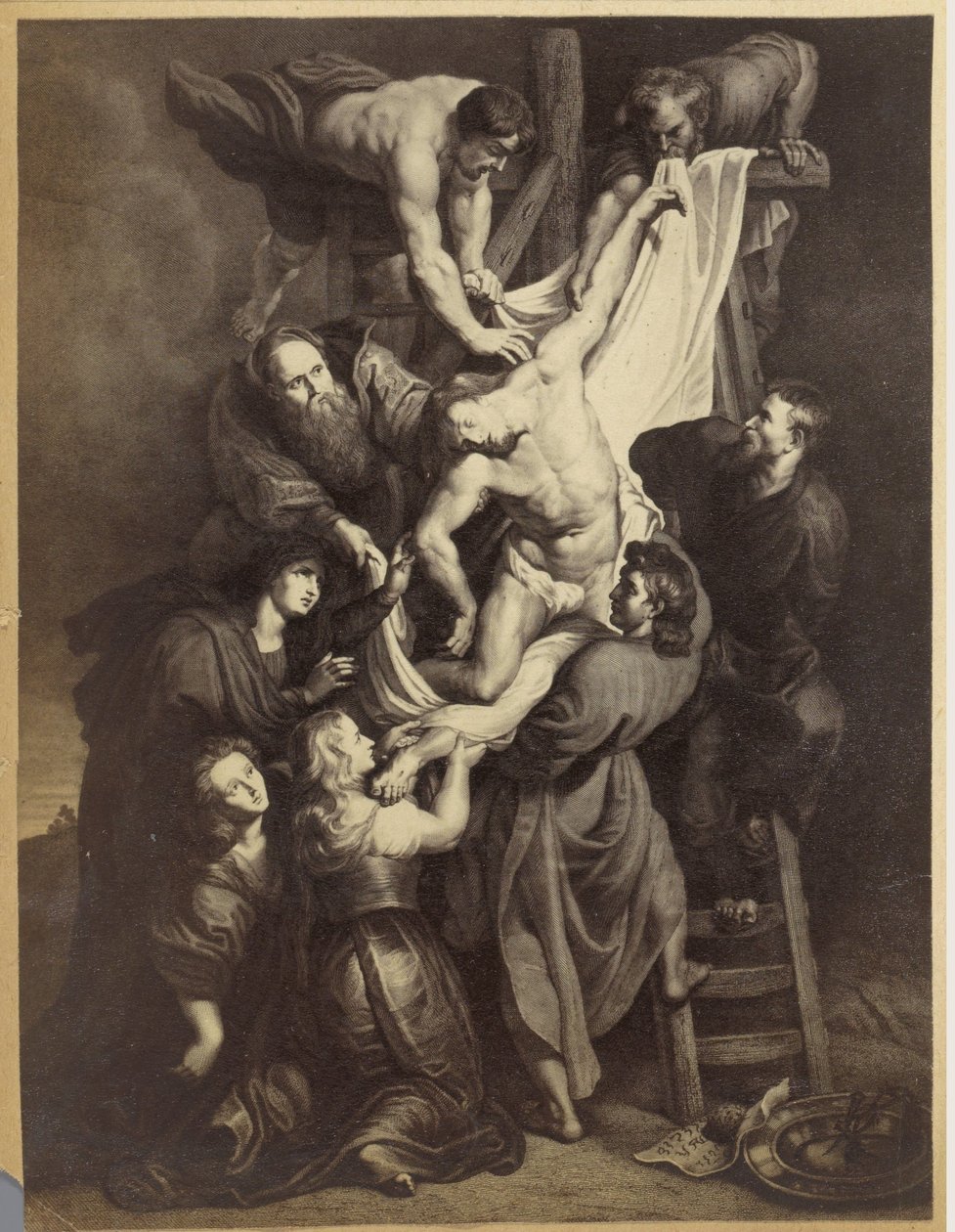 Fotoreproduksjon av et trykk etter maleriet Descent from the Cross av Peter Paul Rubens av Anonymous