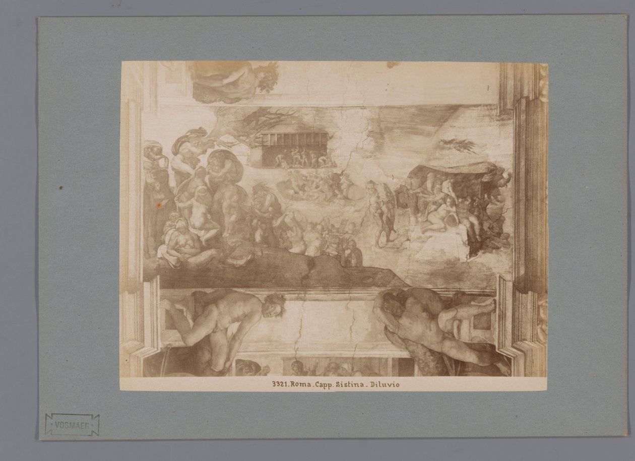 Fotoreproduksjon av fresken The Flood av Michelangelo i Det sixtinske kapell Roma. capp. sistina. Diluvio (tittel på objekt) av Anonymous