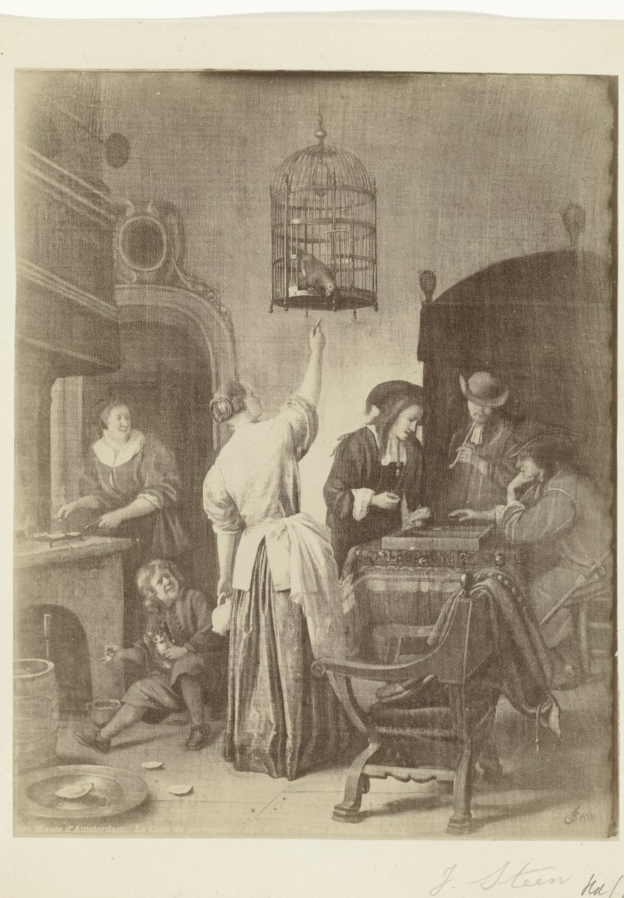 Fotoreproduksjon av maleriet Papegøyeburet av Jan Steen Musée d
