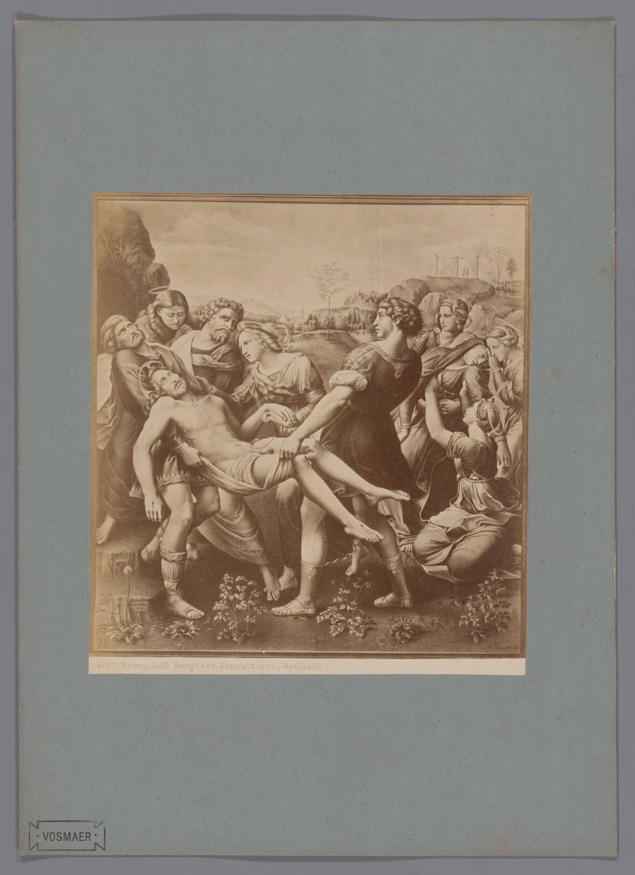 Fotoreproduksjon av maleriet Descent from the Cross av Raphael, i samlingen til Galleria Borghese i Roma Roma. Gall. Borghese. Innskudd. Raffaello (tittel på objekt) av Anonymous