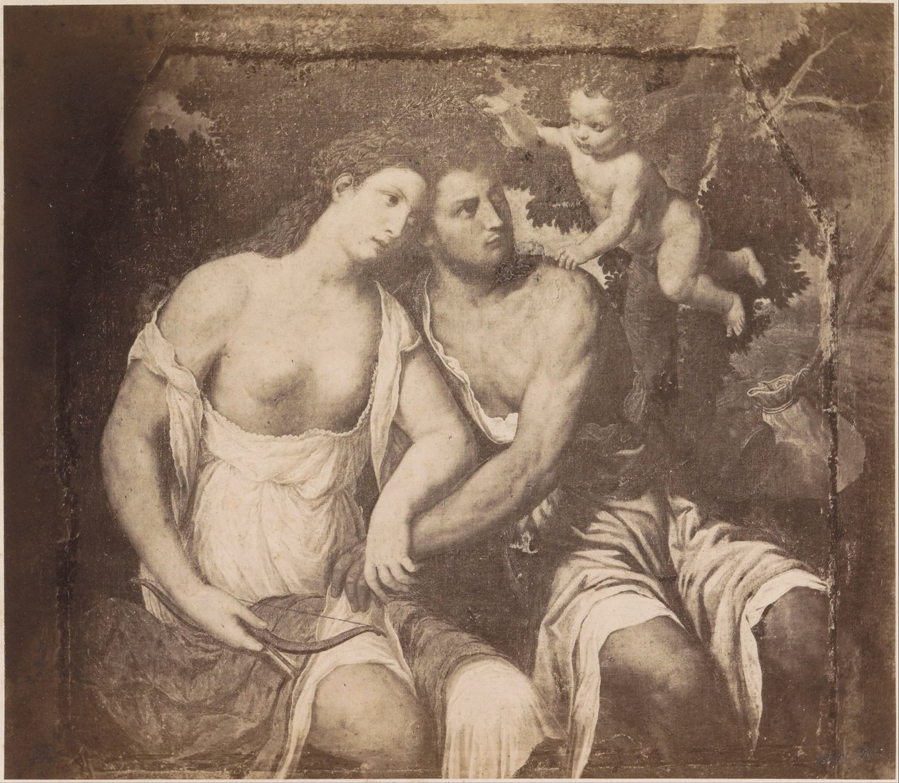 Fotoreproduksjon av maleriet Venus og Adonis etter Paris Bordone Paris Bordone. Venus og Adonis (tittel på objekt) kaiserl. Konigl. Galleri i Wien (serietittel på objekt) av Anonymous