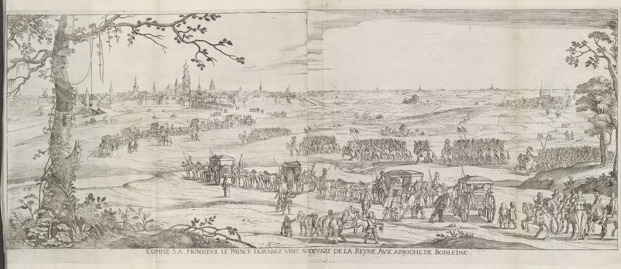 Frederik Hendrik komt Maria de Médici tegemoet, buiten 's-Hertogenbosch, 1638 Som hans monsieur kom prinsen av Orange for å møte dronningen, på innmarsj til Bois le duc (tittel på objekt) Historien om inngangen til dronningen, mor til kongen svært kris av Anonymous