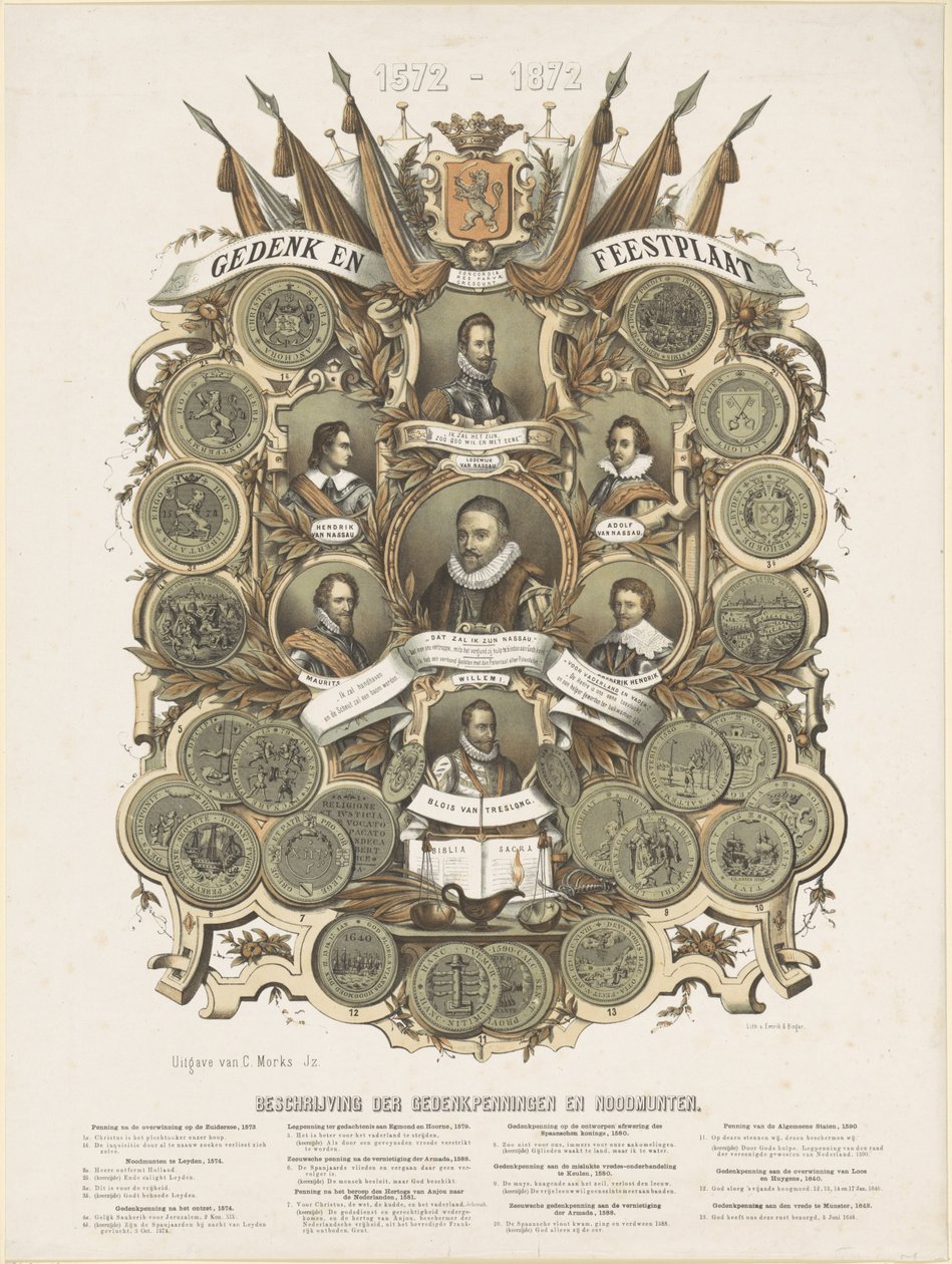 Minne- og festplakett med portretter av William I, Prince of Orange, hans sønner Maurits og Frederik Hendrik, Princes of Orange, hans brødre Lodewijk, Adolf og Hendrik, grevene av Nassau, og Willem Bloys van Treslong av Anonymous