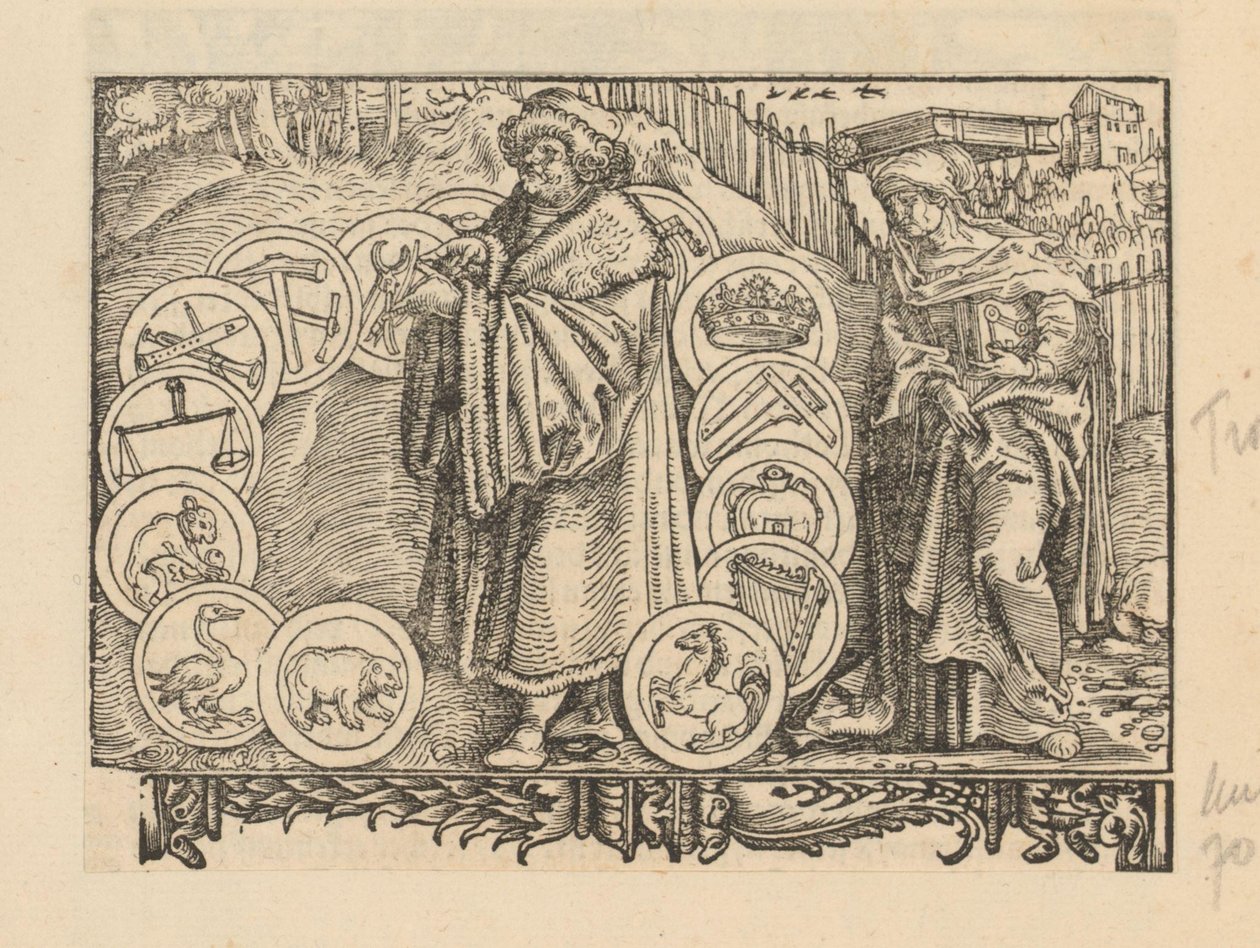 Forsker omgitt av emblemer med heraldikk og personifiseringen av visdom av Anonymous